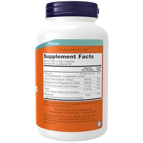 Suplementos, Citrato de Cálcio com Vitamina D, Magnésio, Zinco, Cobre e Manganês, 240 Cápsulas Vegetais - NOW Foods