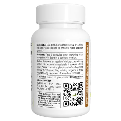 Cognibiotics – Suplemento Probiótico para o Cérebro – Suporte ao Humor, Melhor Concentração, Memória e Clareza Mental – 60 Cápsulas - BiOptimizers