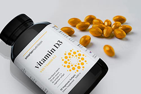 SMARTERNUTRITION - Vitamina D3 à base de plantas para suporte imunológico com complexo vegano de K2 em uma cápsula vegetal – Inclui 5.000 UI de vitamina D para impulsionar a imunidade e saúde óssea completa