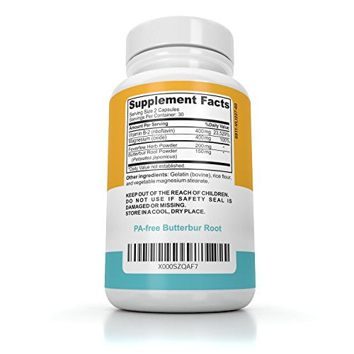 Nature's Nectar - Suplemento Alívio de Enxaqueca – Raiz de Butterbur Livre de PA, Riboflavina, Magnésio e Cápsulas de Tanaceto – A exclusiva combinação de Mind Ease para Prevenção de Enxaqueca Original