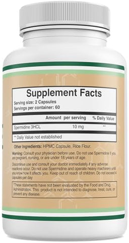 Double Wood Supplements - Suplemento de Spermidina (10mg de Spermidina 3HCL 99%% – Testado por Terceiros) 120 Cápsulas – Mais de 100x Mais Potente que Extrato de Germe de Trigo para Membrana Celular, Saúde dos Telômeros e