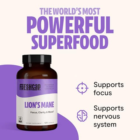 FreshCap Mushrooms - FreshCap Lions Mane – Cápsulas de Suplemento Ayurvédico Orgânico USDA Premium de Cogumelos Extraídos em Dupla – Testado por Terceiros – Corpo Frutífero Inteiro – Livre de OGM, Glúten e Vegano – 100% Natural