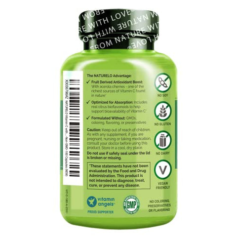 Vitamina C com Extrato Orgânico de Acerola e Bioflavonoides Cítricos – Suplemento Vegano – Suporte Imunológico – 500 mg de Vit C por Cápsula – Não-OGM – 180 Cápsulas - NATURELO