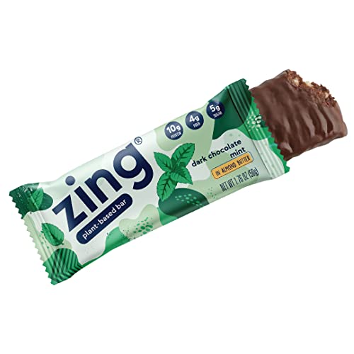 Barras de Proteína Vegana de Chocolate Amargo e Hortelã, Sem Glúten, Alto Teor de Proteína e Fibra, Nutrição Sem Laticínios, Proteína Vegetal, Kosher, Baixo Teor de Açúcar, Sem Álcoois Açucarados – 12 unidades - Zing