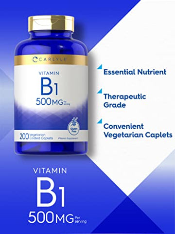 Vitamina B1 500mg (Tiamina) | 200 Cápsulas Vegetarianas | Suplemento Sem OGM e Glúten - Carlyle