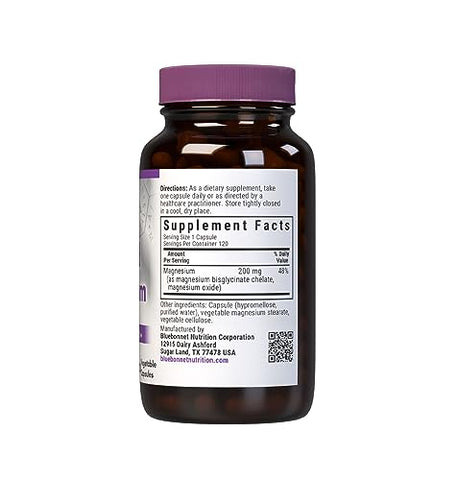Nutrition Albion Buffered Chelated Magnesium 200 mg – Alívio do Estresse, Vegano, Sem OGM, Sem Glúten, Sem Soja, Sem Leite, Kosher – 120 Cápsulas Vegetais - Bluebonnet