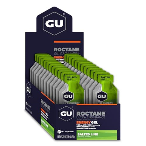 GU ENERGY GEL - GU Energy Roctane Ultra Endurance Energy Gel Vegan, Sem Glúten, Kosher e Sem Laticínios para Nutrição Esportiva On-The-Go de Corrida, Ciclismo, Caminhada ou Esqui, Sabor Limão Salgado (24 Sachês)