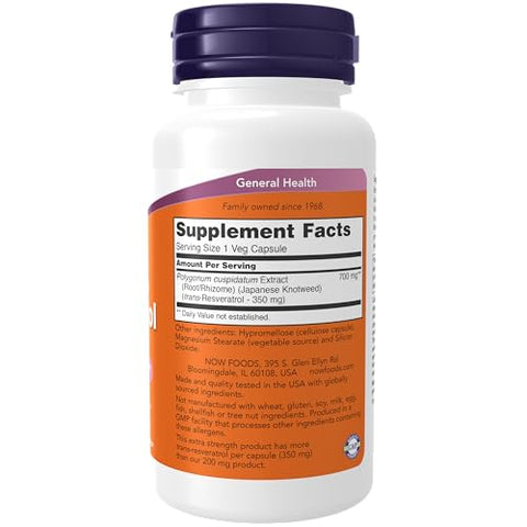 Resveratrol Extra Forte 350mg – Extrato Natural de Resveratrol Trans de 700mg da Erva-de-São-João-Japonês, 60 Cápsulas Vegetais - NOW Foods