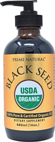 PRIME NATURAL - Óleo de Semente Preta Orgânico 473ml – Extraído a Frio, Não Refinado, Rico em Timoquinona 1.7% – Certificado pelo USDA – Origem Turca – Potente Líquido de Nigella Sativa – Ômega 3 6 9 Vegano, Antioxidante Imunológico