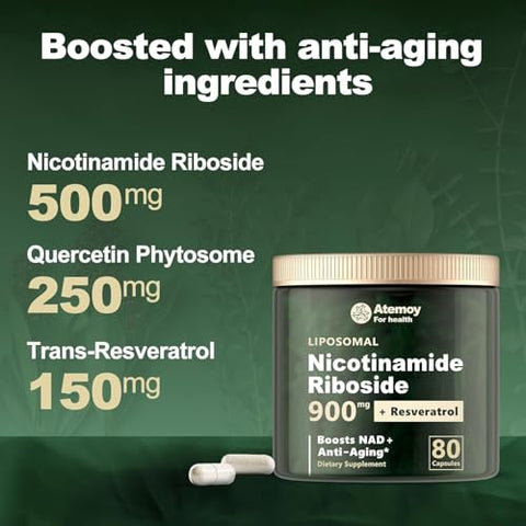 Generic - NAD Liposomal Nicotinamide Riboside 900mg, Resveratrol, Quercetina – Alta Pureza para Energia e Foco – 80 Cápsulas
