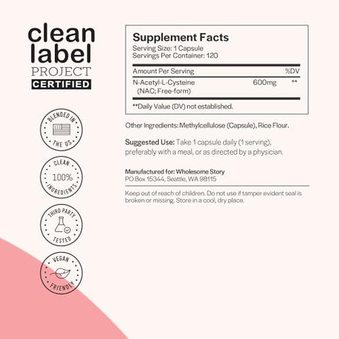 Suplemento Wholesome Story NAC N Acetil Cisteína 600 mg | Fígado, Pulmão |