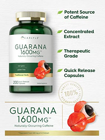 Cápsulas de Extrato de Guaraná | 1600mg | 200 Unidades | Extrato Livre de Transgênicos e Glúten | Cafeína Naturalmente Presente  Carlyle - Carlyle