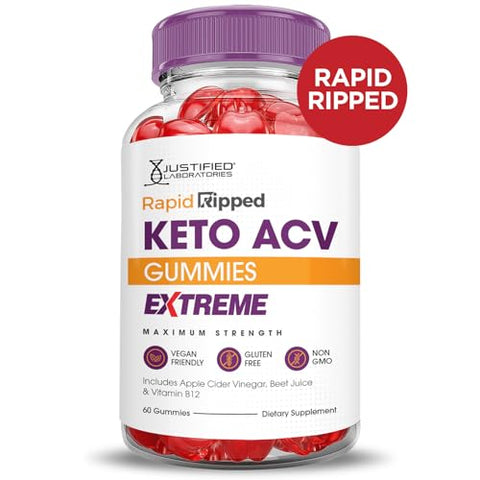 Justified Laboratories - (2 Pacotes) Gomas de Keto ACV Rápido Ripped Extreme 2000MG Rapidripped Keto Gummies Vinagre de Maçã Formulado com Suco de Romã e Beterraba em Pó B12 Vegano Não GMO 120 Gomas