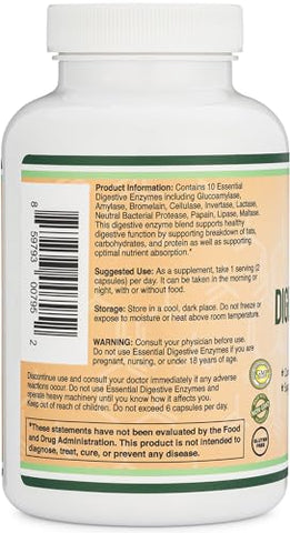 Double Wood Supplements - Enzimas Digestivas – Mistura de 800mg com os 10 Enzimas Digestivas e Pancreáticas Mais Essenciais (Amilase, Lipase, Bromelina, Lactase, Papaína, Protease, Celulase, Maltase, Invertase)