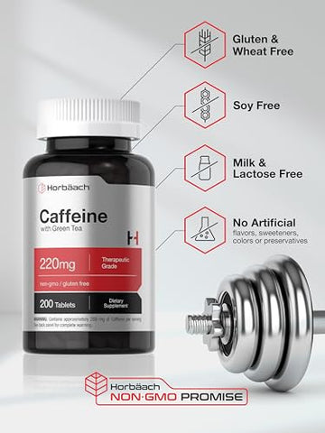Cápsulas de Cafeína 200mg | com Chá Verde | 200 Comprimidos | Vegetariano, Não-OGM | Horbäach - Horbäach
