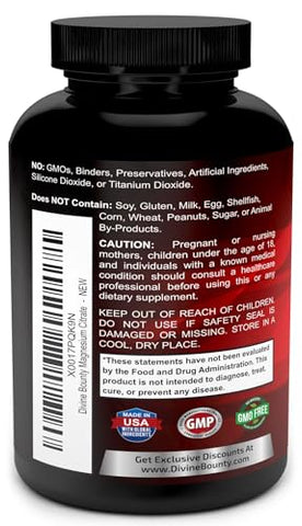 Divine Bounty - Cápsulas de Citrato de Magnésio Puro – Suplemento de Magnésio 1300mg com Magnésio Elemental – 120 Cápsulas Vegetarianas