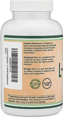 Double Wood Supplements - Cápsulas de L-Serina (Testadas por Terceiros) – 2.000mg por Porção Usadas em Estudo Clínico, 180 Unidades, 500mg por Cápsula (Aminoácido L-Serina para Produção de Serotonina e Suporte Cerebral)