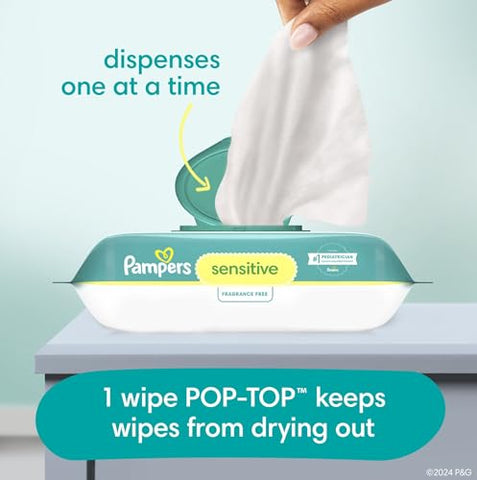 Lenços Umedecidos Sensíveis para Bebês, à Base de Água, Hipoalergênicos e Sem Perfume, 6 Pacotes com Tampa Flip (504 Lenços no Total) (Embalagem Pode Variar) - Pampers