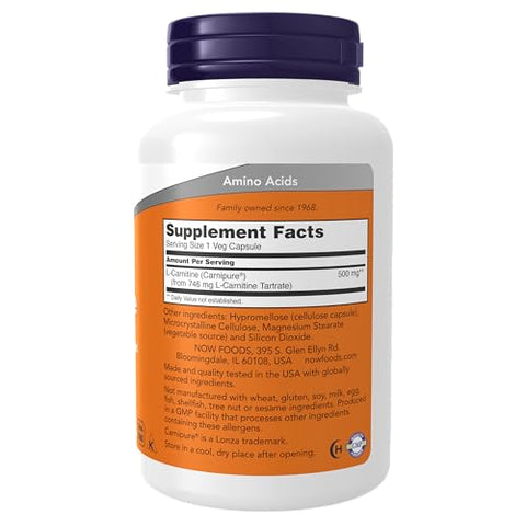 Suplementos, L-Carnitina 500mg, Forma Mais Pura, Aminoácido, Suporte para Fitness*, 180 Cápsulas Vegetais - NOW Foods
