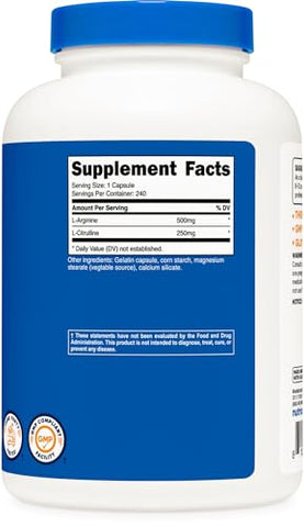 Complexo L-Arginina L-Citrulina 750mg, 240 Cápsulas – Não-OGM | Nutricost L-Arginina L-Citrulina 750mg, 240 Cápsulas - Nutricost