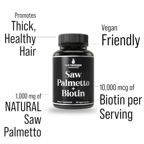 Hair Thickness Maximizer - Saw Palmetto Biotin Advanced 2 em 1 para Crescimento Capilar. Cápsulas Veganas com Extrato Natural de Saw Palmetto e 10000mcg de Biotina. Pílulas para Queda e Regeneração Capilar em Homens
