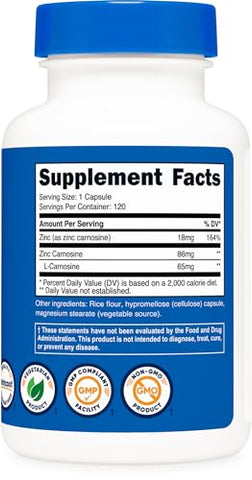 Zinc Carnosine 86mg – 120 Cápsulas | Livre de Transgênicos, Sem Glúten | Suplemento de Zinco L-Carnosina - Nutricost