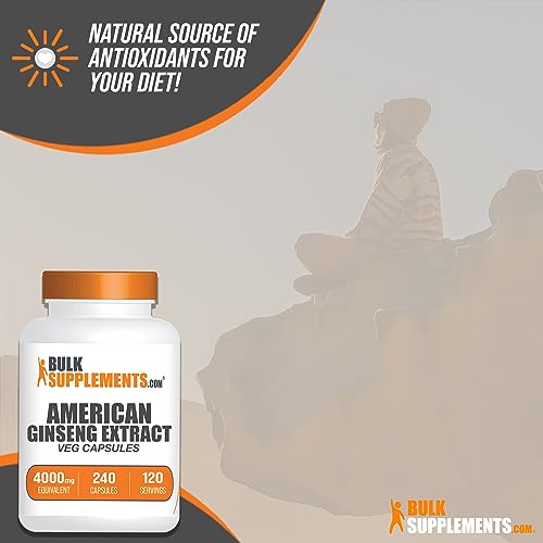 BulkSupplements - American Ginseng Capsules – Extrato de Ginseng Americano, Suplemento Herbal de Ginseng – Vegano, 2 Cápsulas por Porção (4000mg Equivalente), 240 Cápsulas Vegetais (Pacote…)