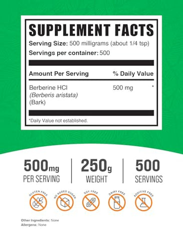 com Pó de Berberina HCl – Suplemento de Berberina, 500mg por Porção, Livre de Glúten, 250g (Pack de 1) - BulkSupplements