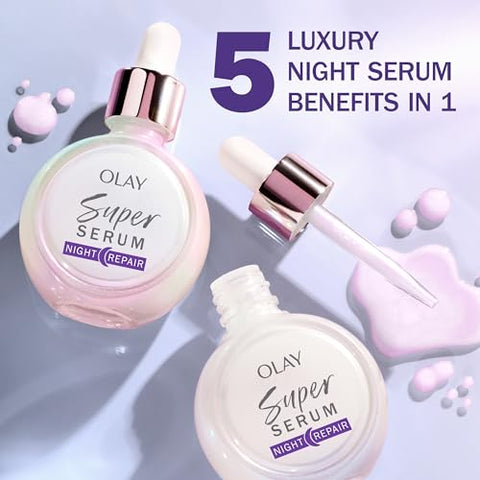 Super Serum para Reparo Noturno 30ml, Sérum Facial Leve de Renovação Celular 5 em 1, Tratamento Corretor de Rugas com Ácido Salicílico - Olay