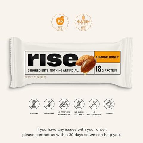Barras de Proteína Rise Café da Manhã Amêndoa Mel, 18g Proteína, 57g (12 Unidades)