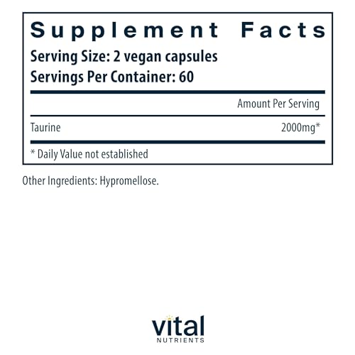 Taurina 1000mg | Suplemento Detox de Aminoácidos Veganos | Suporte à Saúde do Coração, Nervos e Fígado* | Livre de Glúten, Laticínios e Soja | Não-OGM | 120 cápsulas - Vital Nutrients