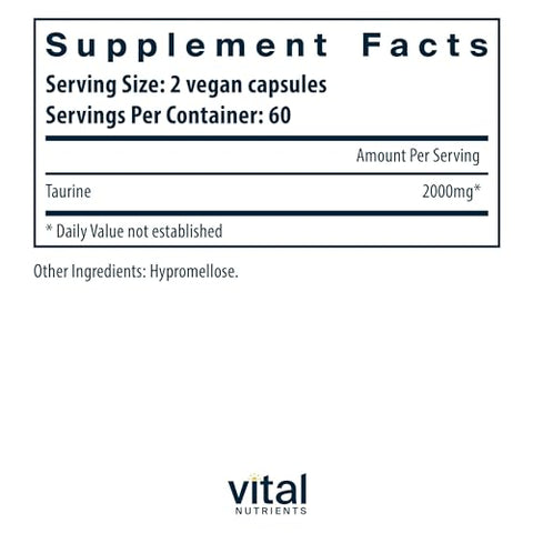 Taurina 1000mg | Suplemento Detox de Aminoácidos Veganos | Suporte à Saúde do Coração, Nervos e Fígado* | Livre de Glúten, Laticínios e Soja | Não-OGM | 120 cápsulas - Vital Nutrients