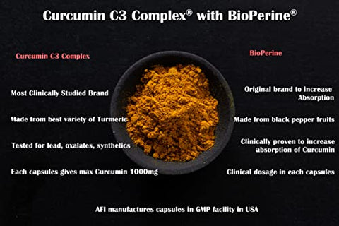 AFI AMERICA's FINEST INC - AFI Super Curcumin C3 Complex 1000mg – Cúrcuma 95%% sem oxalatos, Extrato de Pimenta Preta, Máxima Absorção para Saúde das Articulações – Vegetariano, Sem Glúten, Não-OGM