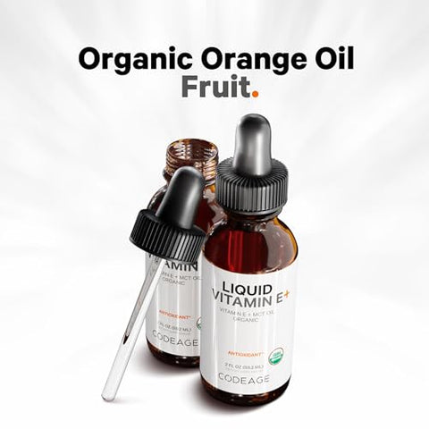 Vitamina E Líquida Orgânica Certificada pelo USDA – Suprimento de 2 Meses – Acetato de D-Alpha Tocoferol, Óleo de TCM Orgânico, Óleo de Laranja Orgânico, Sem Sabor, Não-OGM – 60ml - Codeage