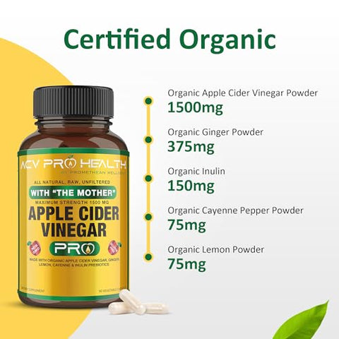 Promethean Wellness - 2-Pack ACV Pro Cápsulas de Vinagre de Maçã Orgânico Certificado com Mãe – Suplemento de Suporte para Desintoxicação, Alívio do Refluxo Ácido, Raiz de Gengibre e Pimenta Caiena