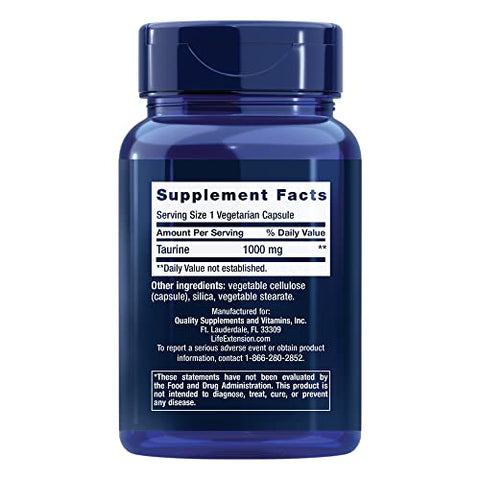 Taurina: Suplemento de aminoácido taurina pura para saúde do coração, fígado e cérebro, longevidade, músculos e exercícios, dose de 1000 mg, livre de transgênicos, sem glúten, vegetariano, 90 cápsulas - Life Extension