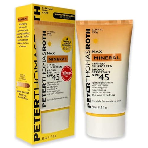 Protetor Solar Mineral Tonalizante SPF 45 | Hidratante Tonalizante com Proteção Solar, Resistente à Água para Pele Sensível, 50 ml (1 unidade) - Peter Thomas Roth