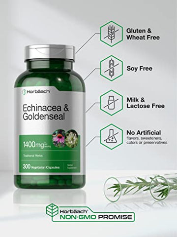 Cápsulas de Equinácea e Hydrastis | 1400mg | 300 Unidades | Vegetariano, Não-OGM, Livre de Glúten | Extrato de Suplemento - Horbäach