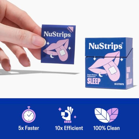 NuStrips - Sleep in a Strip™ | Fitas Orais para Dormir com 5mg de Melatonina, Raiz de Valeriana, L-Teanina e Vitamina B6 | Mais Rápido que Gomas | 100% Natural | 30 Fitas Embaladas Individualmente