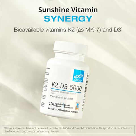 K2-D3 5000 – Vitamina D3 K2 – Vitamina D 5000 UI (Colecalciferol) com Vitamina K2 MK-7 – Saúde do Coração, Arterial e Óssea – Suporte Imunológico (120 Cápsulas) - XYMOGEN