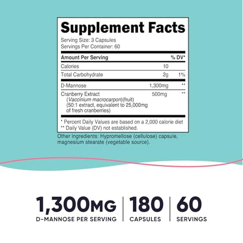 D-Mannose com Extrato de Cranberry para Mulheres 1300mg 180 Cápsulas – Compre Agora! - Nutricost