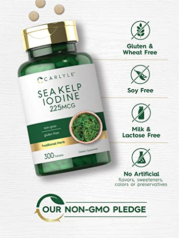 Sea Kelp Iodine | 225mcg | 300 Comprimidos | Sem-OGM, Sem Glúten | Suplemento de Ervas Tradicional - Carlyle