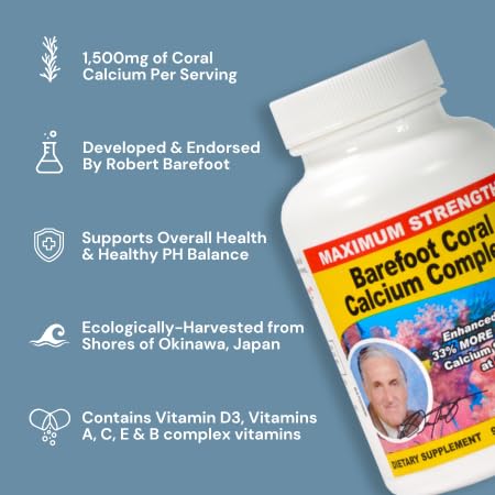 Barefoot Coral Calcium Complete - Suplemento de Cálcio de Coral 1500mg, 90 Cápsulas – Desenvolvido por Bob Barefoot – Apoia a Saúde Geral