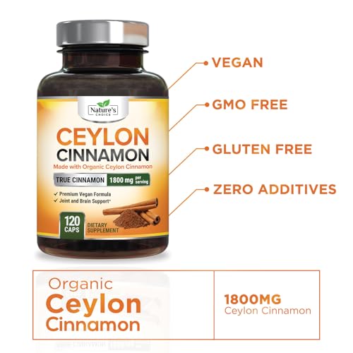 Nature's Choice - Cápsulas de Canela Ceylon Orgânica 1800mg – Suplemento Puro de Canela Certificada Orgânica, Livre de Transgênicos, Pó de Canela Sem Glúten, Comprimidos Antioxidantes de Canela, 120 Unidades