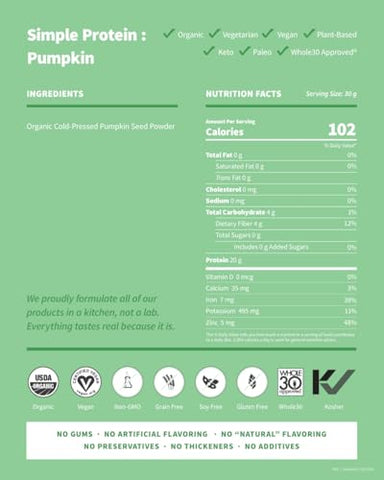 Pó de Proteína de Semente de Abóbora Orgânica, 20g, Sem Adoçantes Artificiais, Sem Laticínios, Sem OGM, Vegano, Sem Glúten, Bebida Keto - Sprout Living
