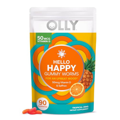 Hello Happy Gummy Worms – Suporte ao Equilíbrio do Humor com Vitamina D, Açafrão – 90 Unidades e Ultra Joint Softgels com Extrato de Boswellia, Cúrcuma – 30 Unidades - OLLY