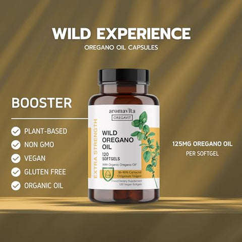 AROMAVITA - Oregavit Cápsulas de Óleo de Orégano Selvagem Grego | 86-90%% Carvacrol – 125mg Óleo de Orégano por Softgel – Imunidade