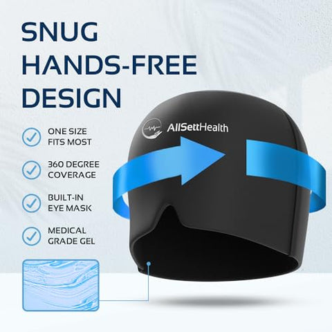 AllSett Health - Migraine Relief Cap Ice Head Wrap | Headache and Migraine Hat | Hot/Cold Gel Head Ice Pack with Face and Eye Headache Mask Compress Black | 100g