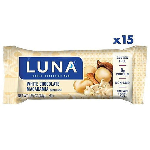 Luna Bar - Barra de LUNA – Sabor Macadâmia com Chocolate Branco – Sem Glúten – Não-OGM – 7-9g de Proteína – Feito com Aveia Orgânica – Baixo Índice Glicêmico – Barras de Lanche Nutritivas – 1,69 oz (15 Unidades)