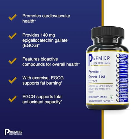Extrato de Chá Verde Premier – Cápsulas de Chá Verde, Comprimidos de Extrato de Chá Verde, Suplemento de Chá Verde com ECGC, Camellia Sinensis, Puro, Vegano – 120 cápsulas - Premier Research Labs